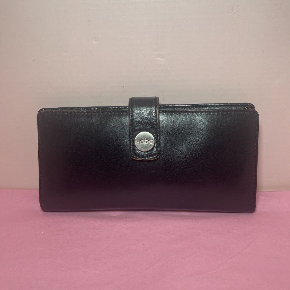 HOBO Black Leather Flap Bifold Wallet Bag Clutch